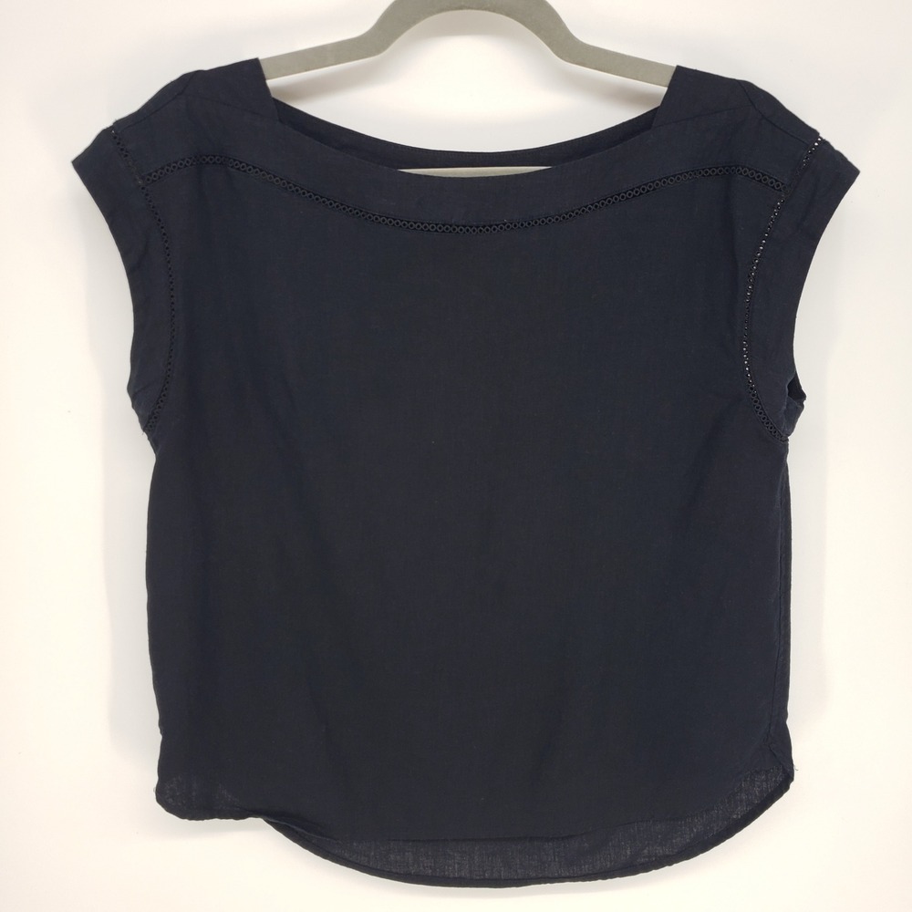 Ann Taylor Linen Blend Blouse Top Womens Sz XS Black Crochet Trim Boat Neck Boho